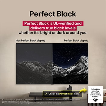 Sala de estar con una LG OLED TV montada en la pared. En la TV se muestra una cadena montañosa bajo un cielo nocturno oscuro lleno de estrellas. Esta escena está dividida a la mitad para mostrar cómo Negro Perfecto ofrece verdaderos niveles de negro, ya sea que haya luz u oscuridad a tu alrededor. Una mitad de la imagen muestra una versión más opaca y gris del paisaje, con la etiqueta: Pantalla mate. La otra mitad muestra una imagen más atractiva con un mayor rango dinámico de negros y blancos. Esta mitad dice: Pantalla negro perfecto. También puede verse el logotipo de certificación: La tecnología Negro Perfecto ofrece niveles de negro inferiores o iguales a 0,24 nit y hasta 500 lux. A su lado, hay un globo de texto en el que se lee: Verifica la marca de certificación Negro Perfecto.