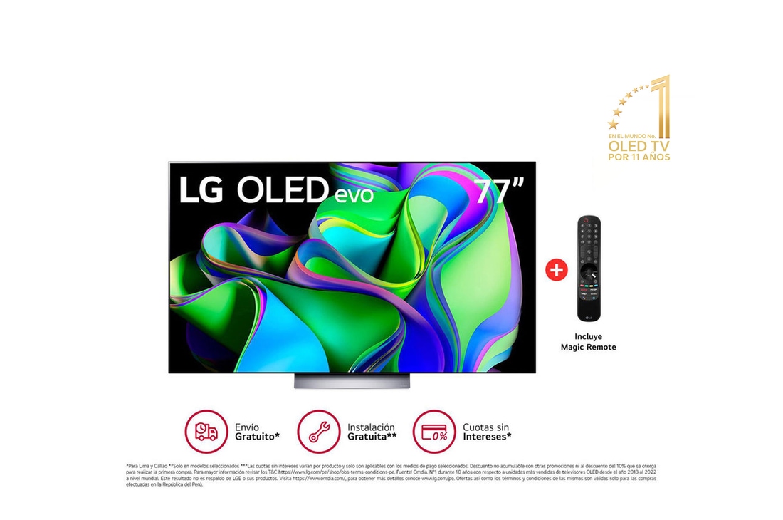 LG  LG OLED evo 77" C3 4K Smart TV con ThinQ AI (Inteligencia Artificial), 4K Procesador Inteligente α9 generación 6 (2023), OLED77C3PSA