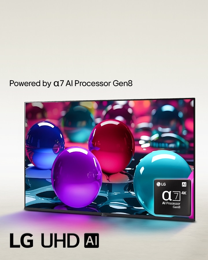 LG UHD TV sits slightly angled facing left and depicts colorful marbles placed in different colors of pink, blue and purple. The alpha 7 4K AI Processor logo is embedded in the bottom right corner of the TV. Logo of LG UHD AI sits on the bottom left corner. Text is also visible, powered by LG alpha AI processor.