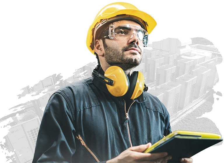 A technician is wearing safety gear, including a yellow hard hat, protective goggles, and ear protectors. He is holding a tablet and looking upwards, inspecting a project, with a stylized background featuring an abstract cityscape.