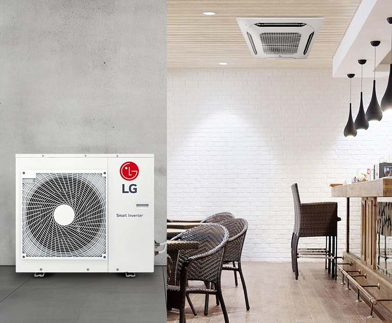 An LG Smart Inverter outdoor unit is on the left, while an LG Floor Standing indoor unit is installed in the dining area on the right.