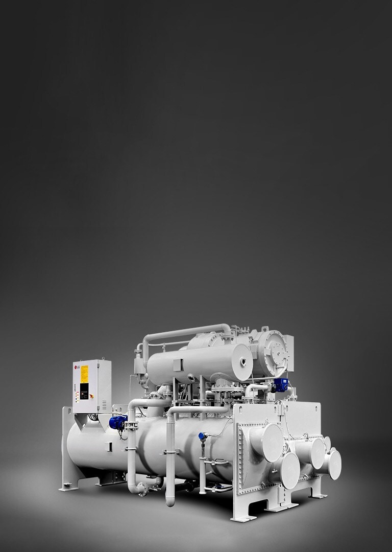 A large LG Centrifugal Chiller unit, rendered in a grey tone and composed of circular and rectangular shapes, is displayed on the right.