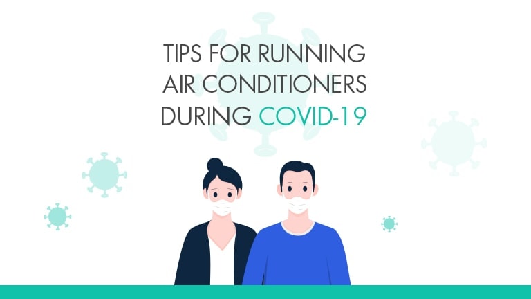 The masked man and woman characters stand side by side beneath the text, advising on using air conditioners amid COVID-19.