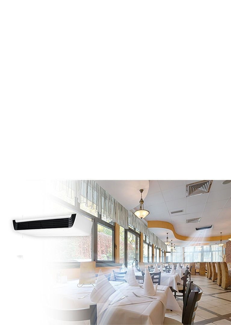 Air conditioning unit on the ceiling creates blue air streams in a restaurant with multiple tables and chairs. Enlarged product image to the left.