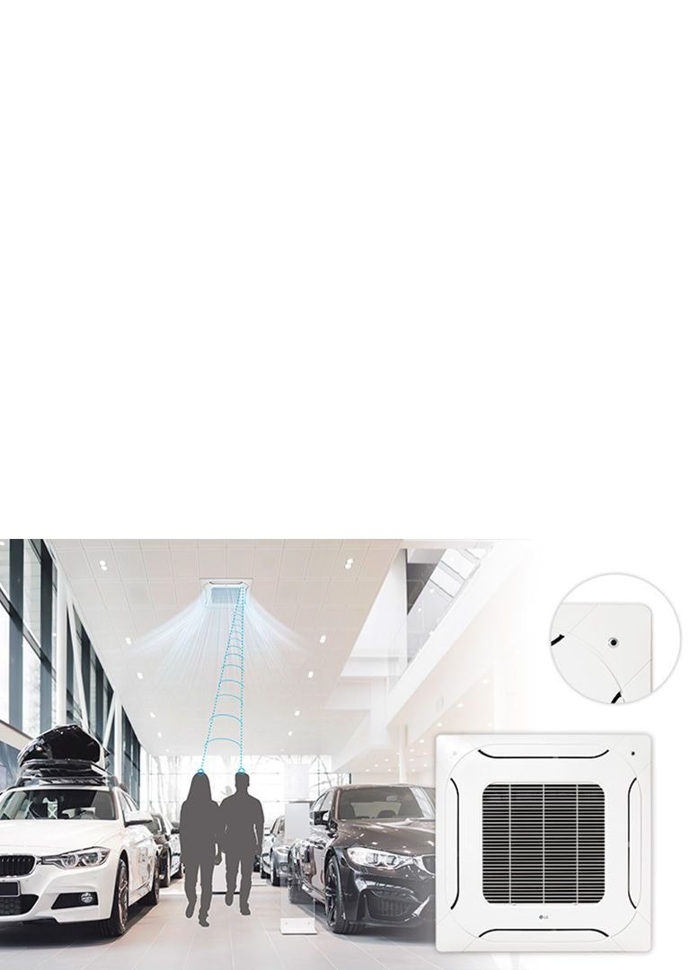 Smart 4 way cassette with human detect sensor adjusts air direction to two people walking in a vehicle showroom. Enlarged product image to the right.