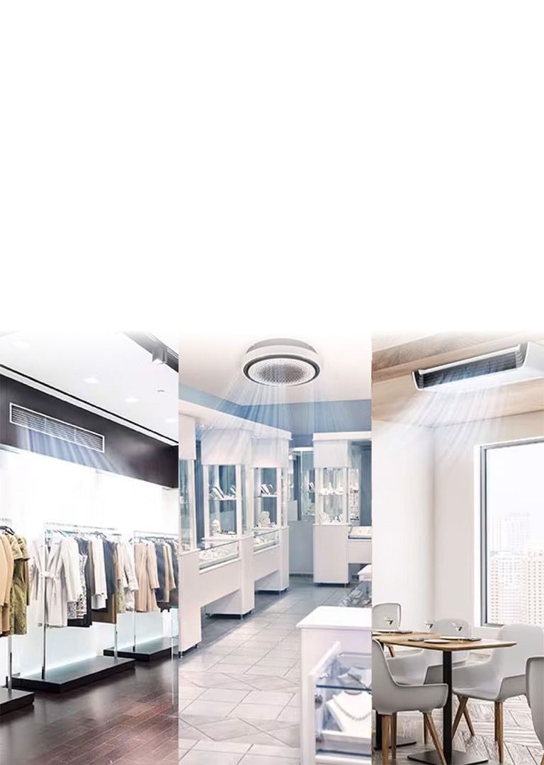 Clothing store, accessory shop and a café displayed side by side. Three distinct indoor units on the ceiling create blue air streams in each picture.