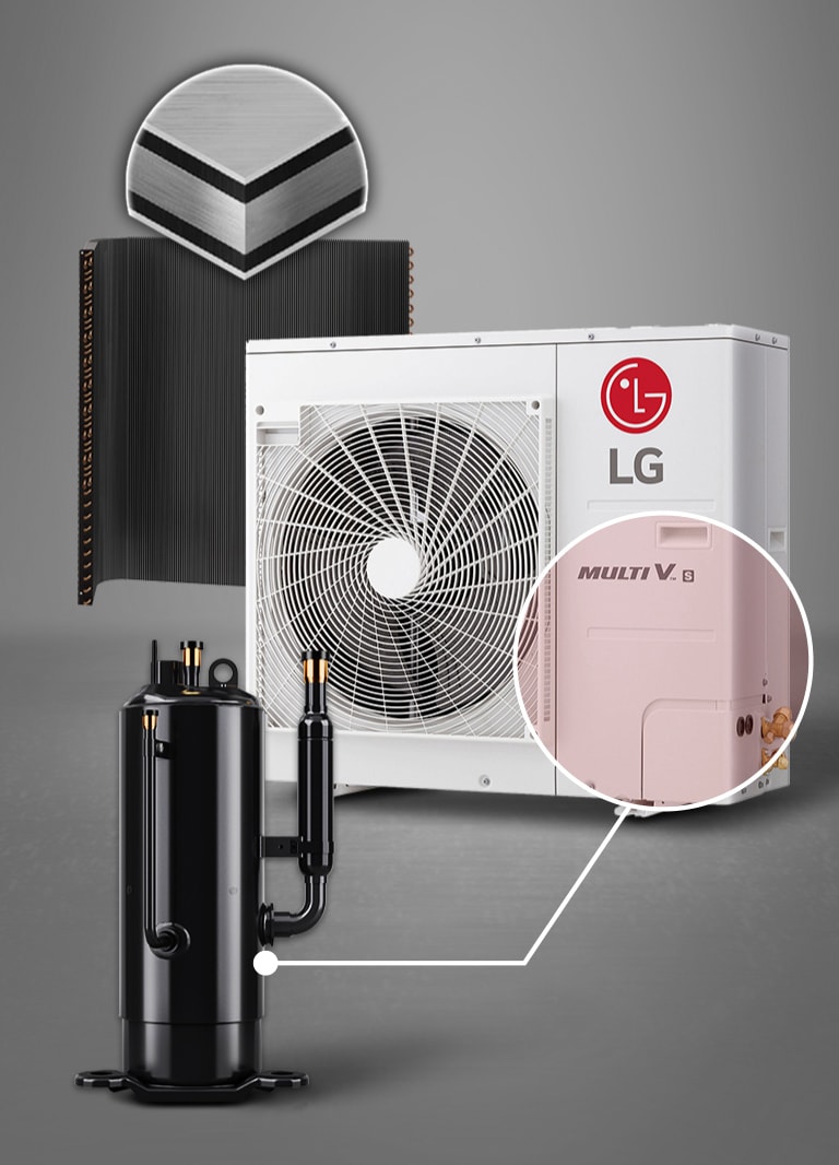 Display of the LG MULTI V S components including a compact external unit, a black fin, and a vertical black compressor.	