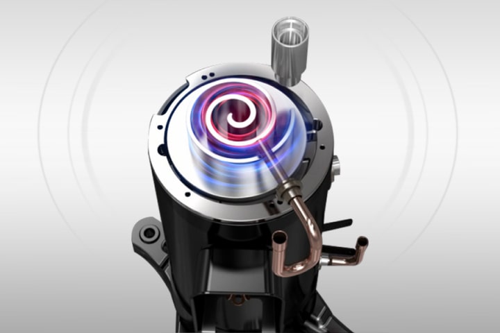 Close-up image of an inverter compressor with a dynamic swirl effect at the center, illustrating the unit's high-speed operation and energy-efficient technology.