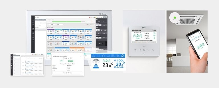 AC smart unit shows detailed air quality info. The compact unit displays concise data. A person controls the ceiling unit via LG ThinQ.