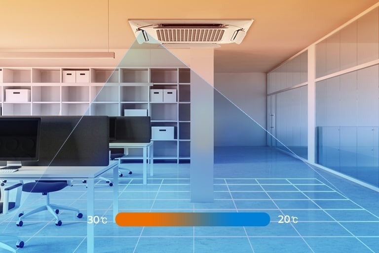 The smart sensor on the LG Dual vane Cassette scans the floor temperature with the red-to-blue gradient temperature bar graph on the bottom.