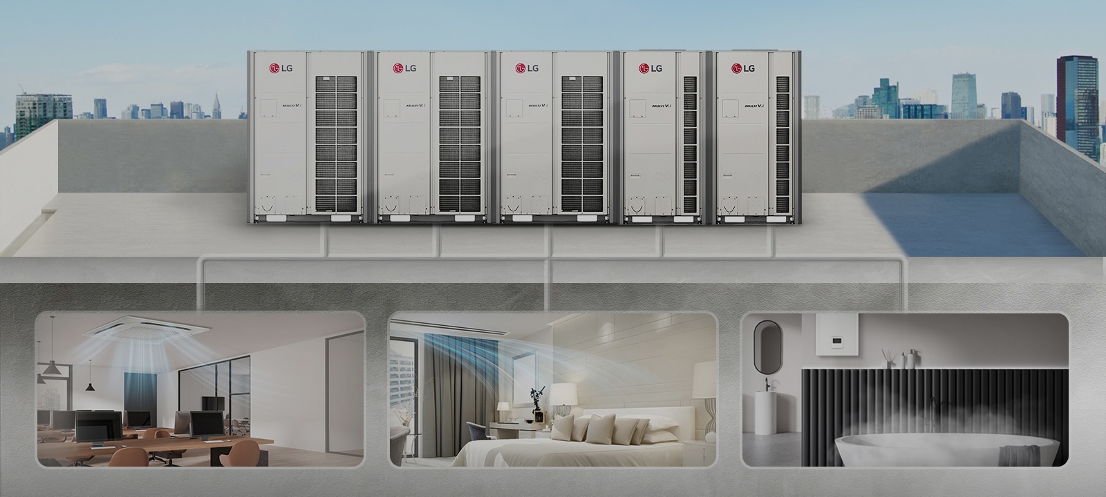 Several MULTI V i are on the rooftop. Office and bedroom are supplied cooling and bathroom is supplied heating through the pipes connected to MULTI V i.	