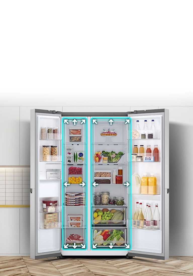 A video begins with the front view of the refrigerator with both doors wide open. The interior spaces are outlined in a neon lines and arrows begin to push the lines out to show that there is now more space inside. The neon square around the interior spaces flashes to show the difference between the new space and the old smaller space which is now outlined in a dotted white line.