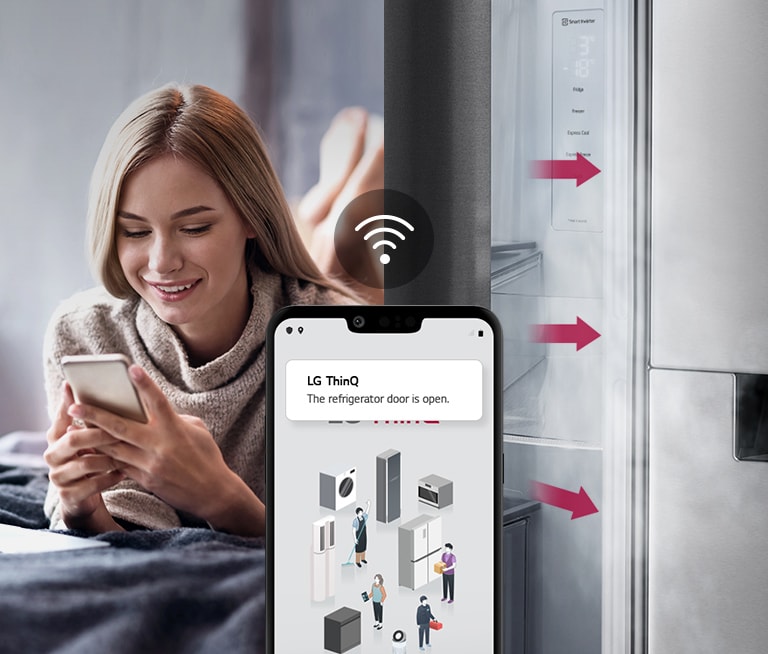 A woman lounges on a bed looking at her phone screen on one image. The second image shows that the refrigerator door has been left open. In the foreground of the two images is the phone screen which shows the LG ThinQ app notifications and the Wifi icon above the phone.