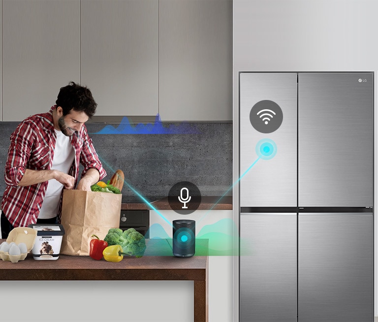 A man stands in a kitchen unloading produce from a grocery bag and speaks, shown by volume bars moving up and down near him, to the AI speaker on the counter telling it to "turn on express freeze". A line appears that goes from the man to the AI speaker which has a microphone icon above it. Then volume bars show up near the AI speaker and a line appears from the AI speaker to the refrigerator which has a Wifi icon above it.