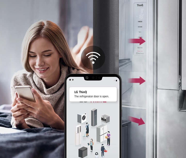 A woman lounges on a bed looking at her phone screen on one image. The second image shows that the refrigerator door has been left open. In the foreground of the two images is the phone screen which shows the LG ThinQ app notifications and the Wifi icon above the phone.