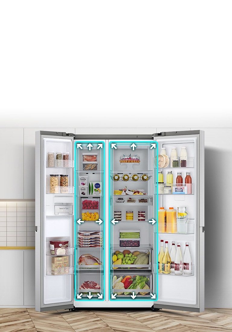 A video begins with the front view of the refrigerator with both doors wide open. The interior spaces are outlined in a neon lines and arrows begin to push the lines out to show that there is now more space inside. The neon square around the interior spaces flashes to show the difference between the new space and the old smaller space which is now outlined in a dotted white line.