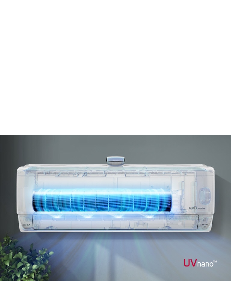 A video shows the front view of the air conditioner installed on a wall. The front of the machine is see through and it turns on to show the inner workings. The fans are highlighted blue to show the UV LED light that removes bacteria. Air blows out of the machine. The UVnano logo is in the bottom right corner.