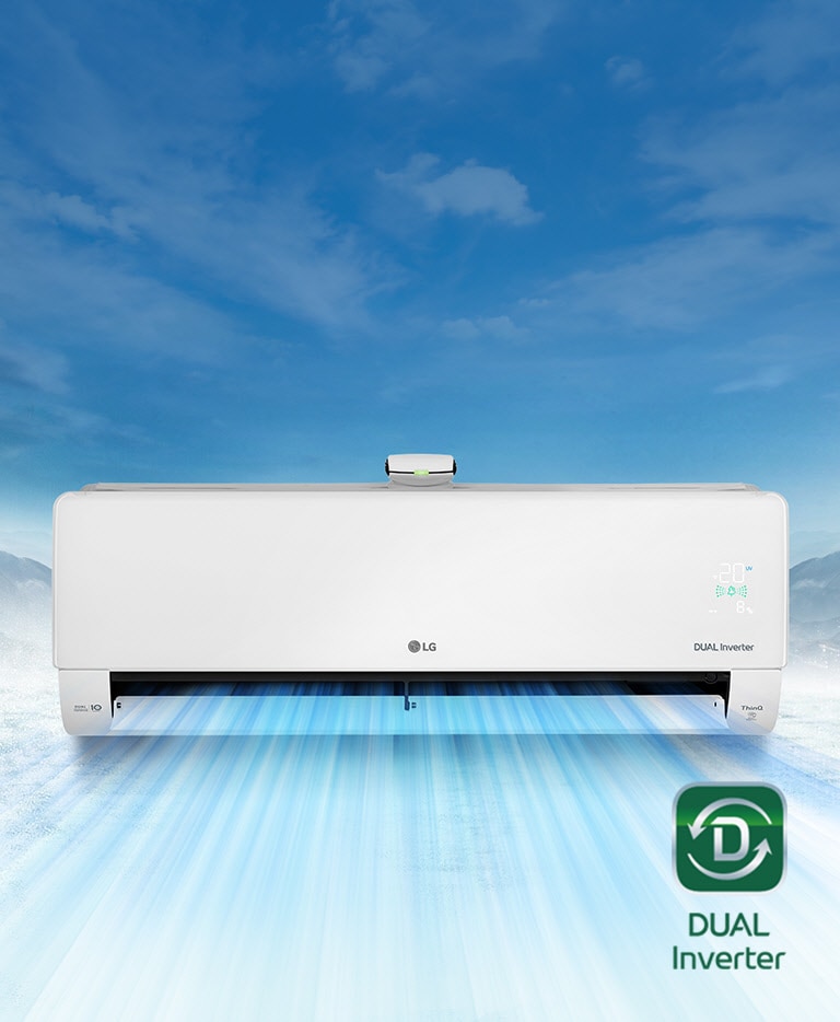 There is a snowy mountain landscape in the background. The front view of the air conditioner is in the foreground and air blows out of the machine. The LG logo is in the center of the machine with the Dual Inverter logo, ThinQ logo and Dual Inverter 10 Year Warranty logo visible on the sides of the front. The air quality panel is lit up in green on the right side. The Dual Inverter logo is in the bottom right of the video.