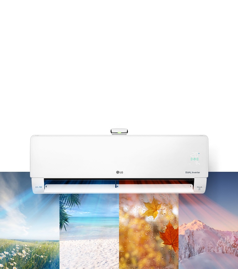 Four images representing the four seasons of the year are collaged together as if a picture on a wall with the LG air conditioner installed just above blowing cool air out over every seasonal image.