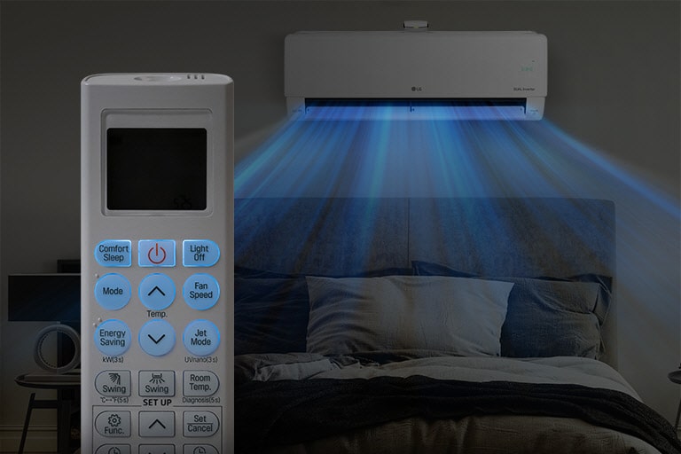 A dark image of a bed at night shows the air conditioner installed on the wall and blue air blowing out over the bed. In the foreground is the front of the remote control showing the buttons and temperature as they are highlighted in blue for easy viewing  in the dark.