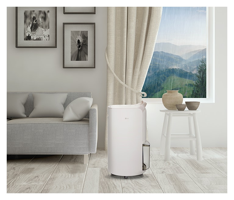 It shows calming beige color LG Puricare™ Dehumidifier is placed in a modern livingroom.