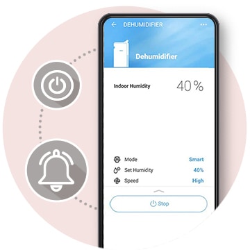 It shows a mobile screen and icons that introduce the functionality of the dehumidifier.