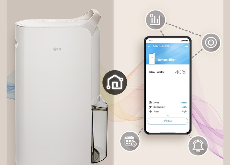 It shows dehumidifier and a mobile phone with the ThinQ screen displayed. There are icons around the phone introducing ThinQ features.