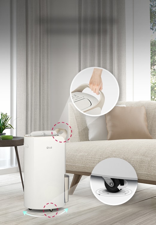 The handle and wheels of the dehumidifier are enlarged for easy viewing, and it is emphasized that it is convenient to move.