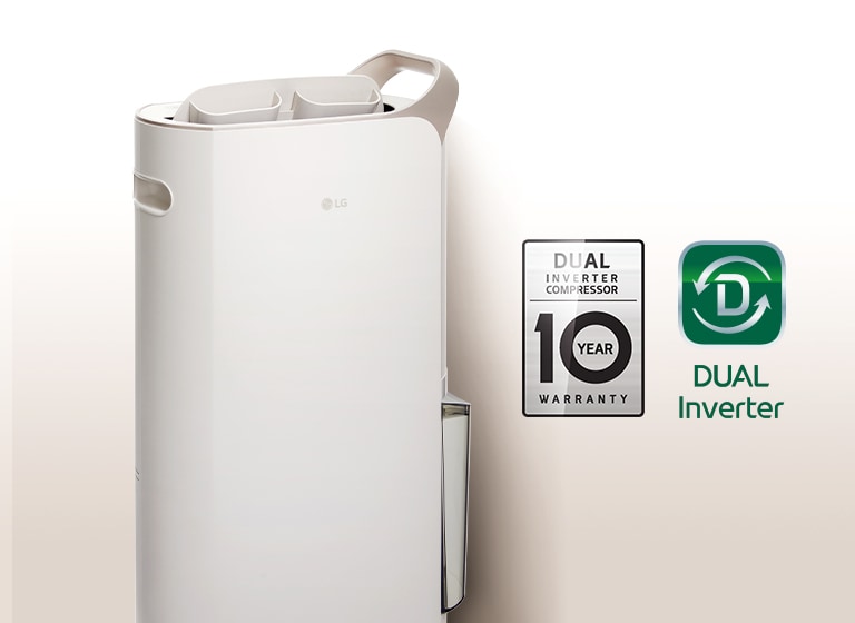 Dehumidifier product image and the logo of DUAL Inverter Compressor with 10 year warranty.