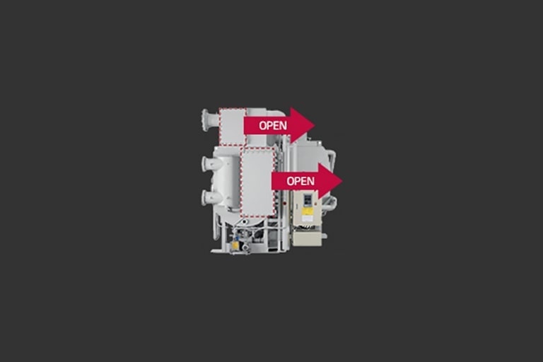 Front view of the LG Steam Type Absorption Chiller, two dotted-outline rectangles with red arrows suggest that these components can be opened.