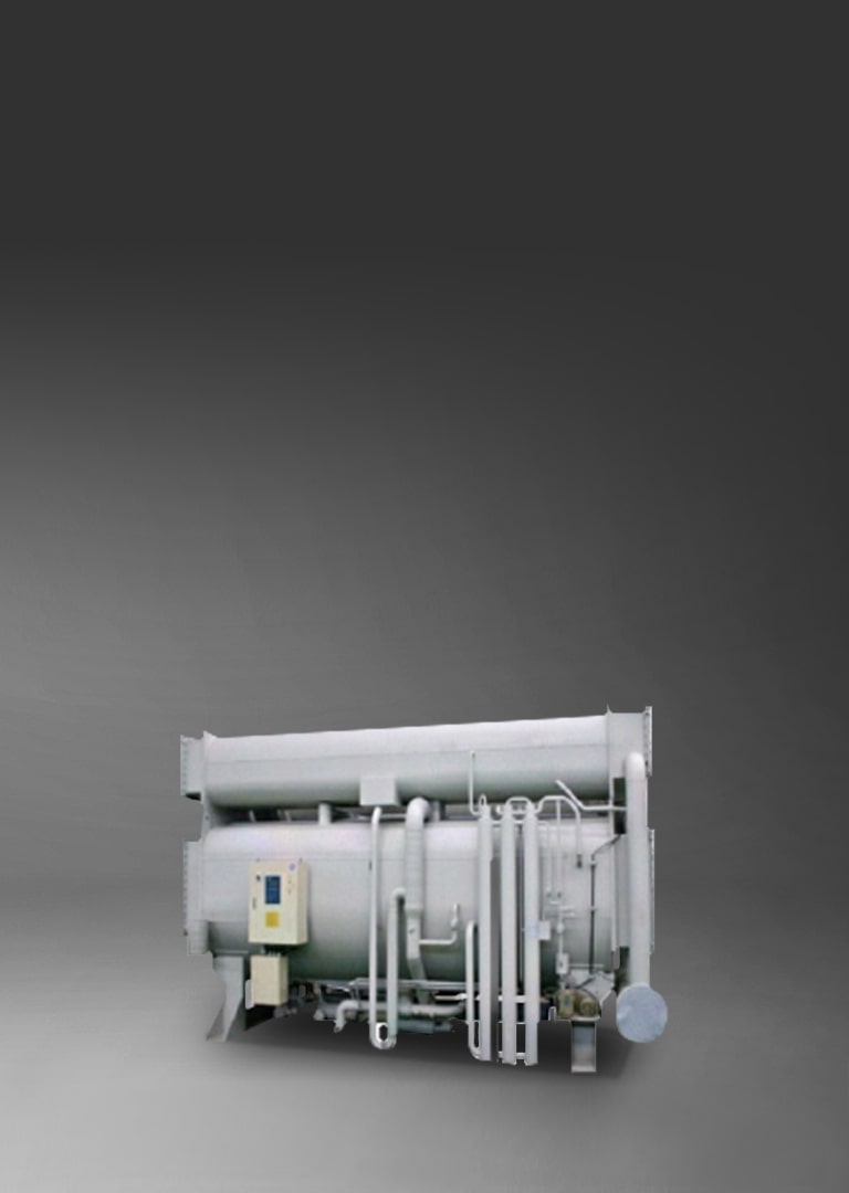 LG Absorption heat pump, showcased in a grey hue, consists of a series of linear and cylindrical pipe assemblies.