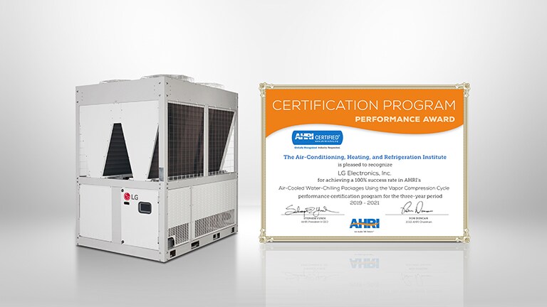 The rectangular-shaped LG HVAC unit is situated on the left, while the certification from AHRI, which indicates that LG HVAC solutions have passed the performance evaluation process for the third year in a row, is situated on the right