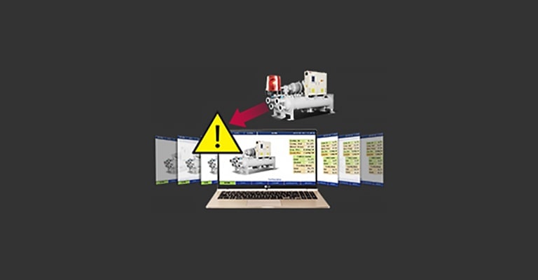 Laptop screen shows LG Air-cooled Screw Chiller and diagnosis data. Yellow triangle with exclamation mark placed at top left corner.