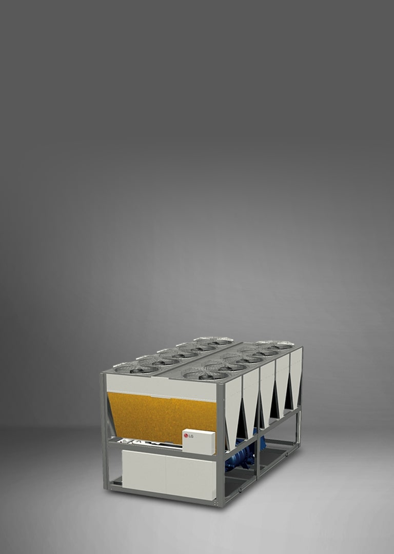 Displayed is an LG Air-cooled Screw Chiller in grey and white, with a rectangular fan and gold-coated, bare fin structure.