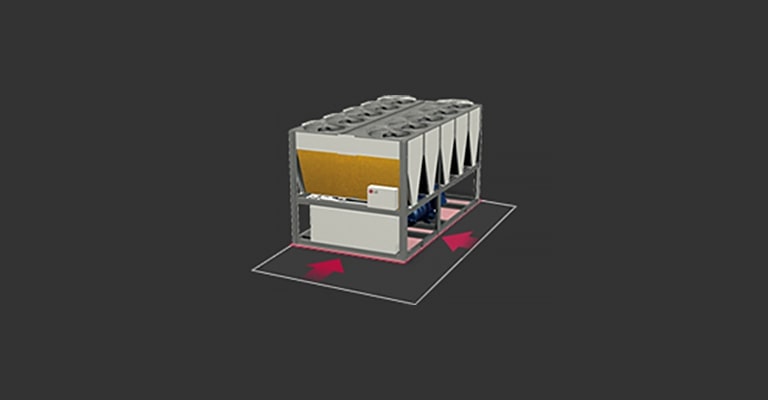 LG Air-cooled Screw Chiller at the center is highlighted with a white box-shaped line, accompanied by a red arrow indicating the reduced size.