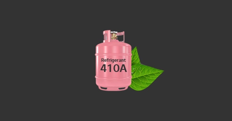 A pink propane gas tank is adorned with a "Refrigerant 401A" label in the center. Two green leaves partially overlap on the back-right side of the tank.