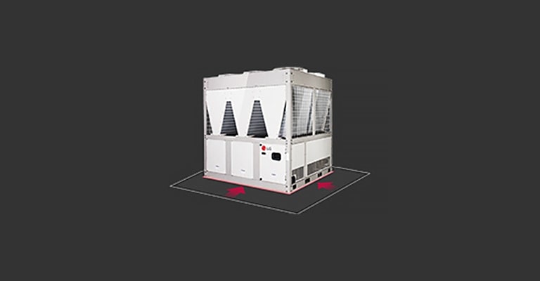 LG Air-cooled Inverter Scroll Chiller at the center is highlighted with a white box-shaped line, accompanied by a red arrow indicating the reduced size.