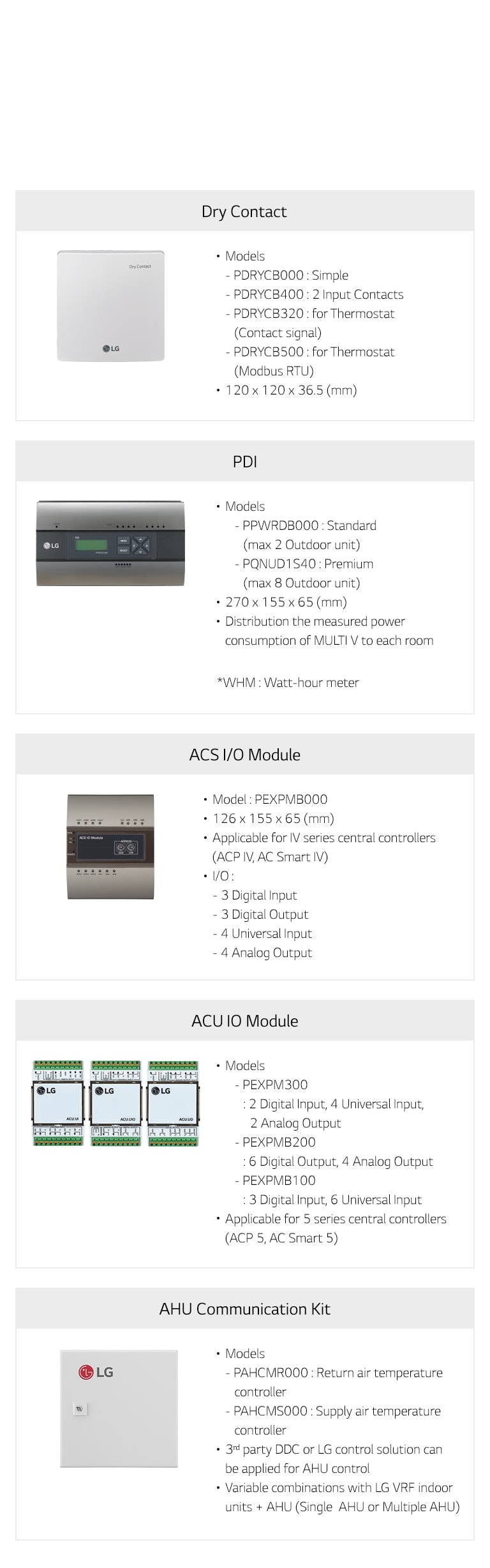 LG Application Controller Line Up includes models like Dry Contact, PDI, ACS I/O Module, ACU I/O Module, and AHU Communication kit.