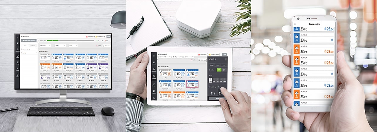 The LG AC Manager 5 features a flexible interface adaptable to desktops, tablets, and smartphones with various data.