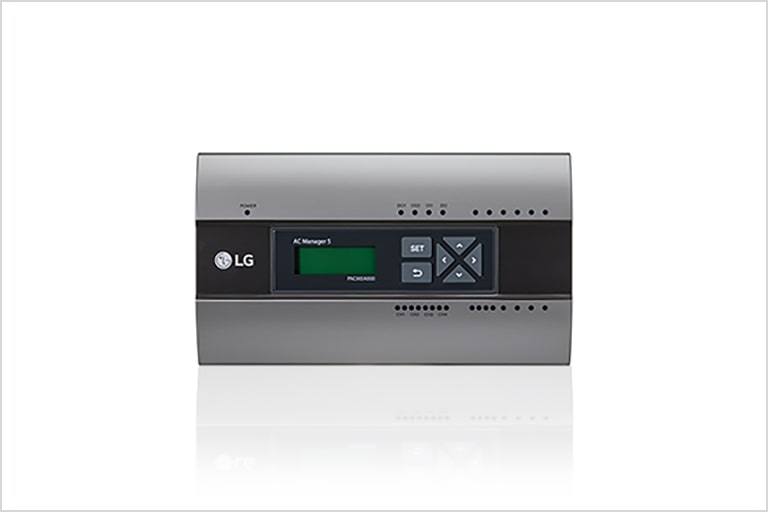 The LG AC Manager 5, a gray rectangular device, offers comprehensive HVAC control for up to 8,192 units.