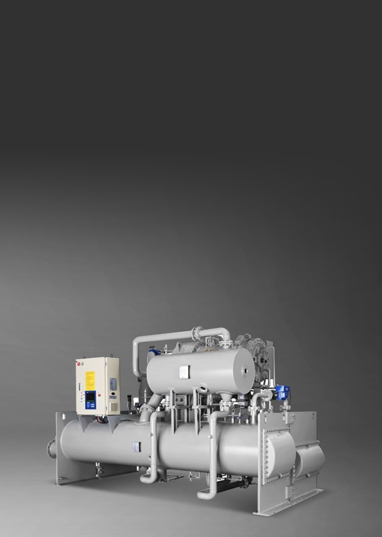 A large LG Centrifugal Heat Pump, rendered in a grey tone and composed of circular and rectangular shapes, is displayed on the right.