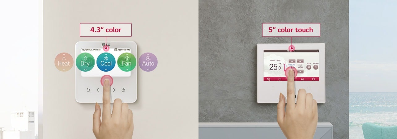 LG HVAC individual controllers are shown side by sides. The left is a 4.3" color controller while the right is a 5" touch controller.