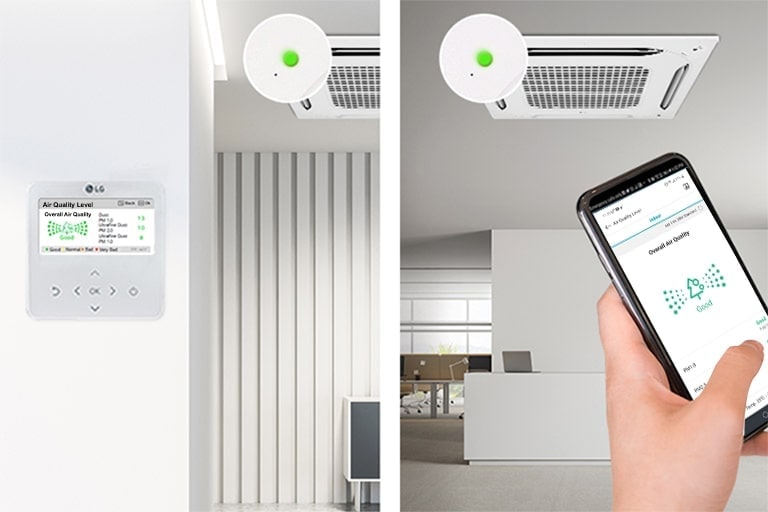 A control unit and half-visible LG Ceiling Mounted Cassette radiate green light, while a person adeptly uses the ThinQ app for control on the right.