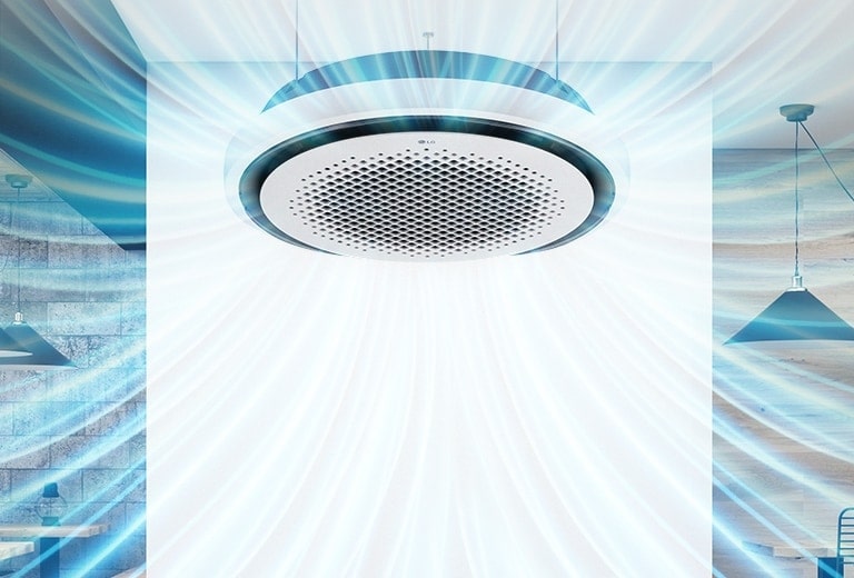 Ceiling-mounted LG Round Cassette disperses visible 360-degree airflow. Cone-shaped lights flank the room, lending symmetry.