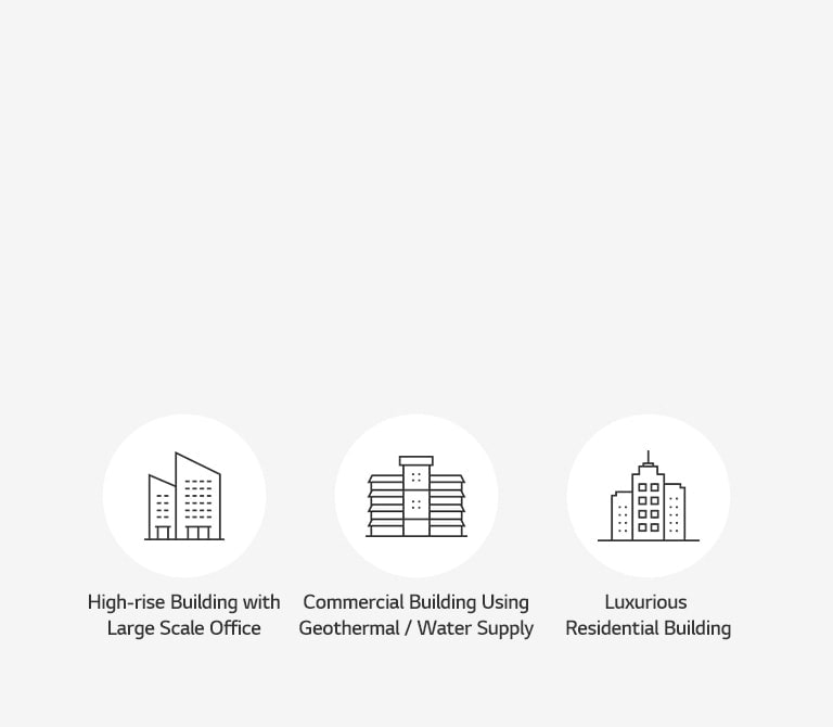 Three white circles from left to right depict the outline of a large-scale office, a commercial building, and a luxury residential area in the center.