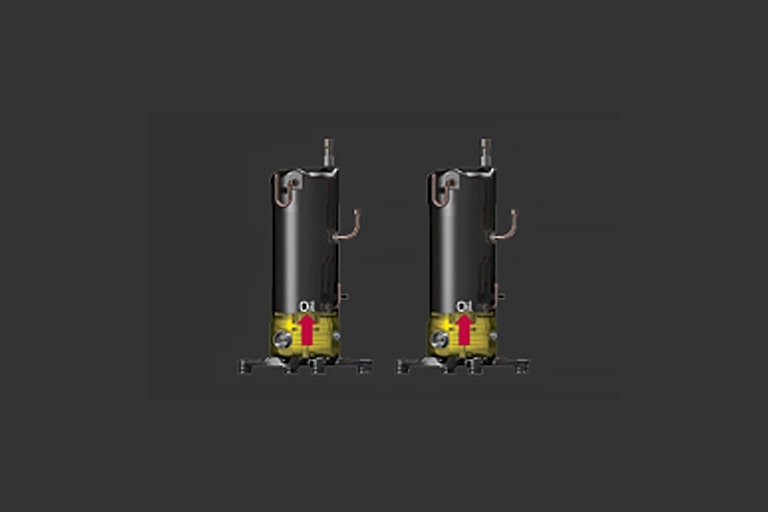 Two black LG variable frequency compressors are placed side by side. Both tanks are filled with yellow oil up to 1/5 of their capacity.