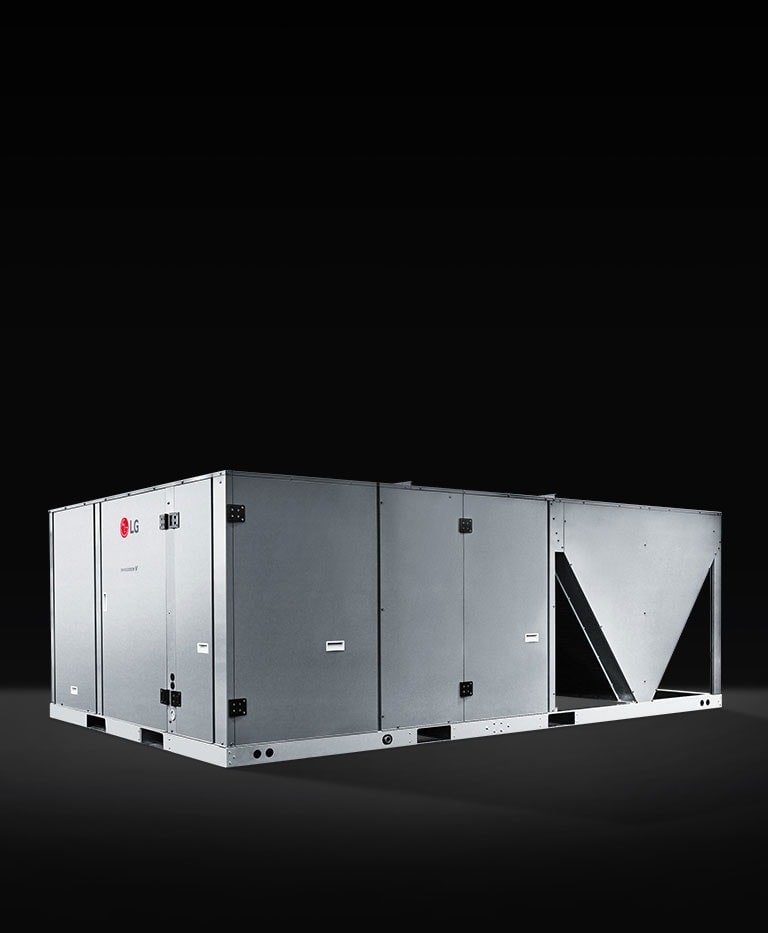 LG inverter single package, characterized by a rectangular front and a rectangle and triangle combined rear structure, rendered in metallic silver. 
