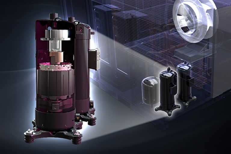 LG inverter compressor is zoomed in and displayed on the left, next to the single package on the right, revealing the complex internal components.