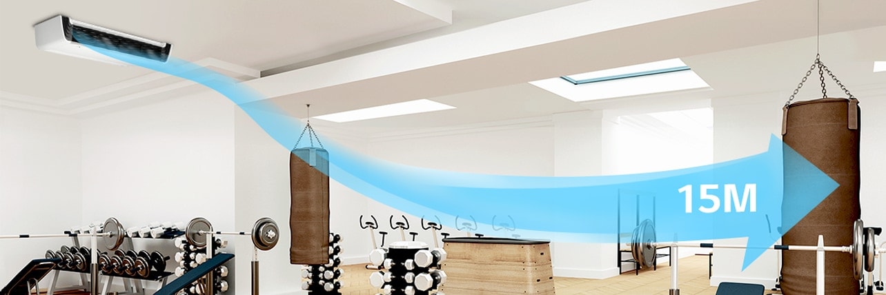 Left-side LG Ceiling Suspended unit in gym projects visible blue airflow reaching up to 15m, covering diverse workout equipment.