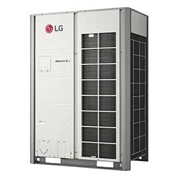 A rectangular LG Multi V i outdoor unit is displayed, with its right half covered by a 2x2 checkered-pattern ventilation duct.